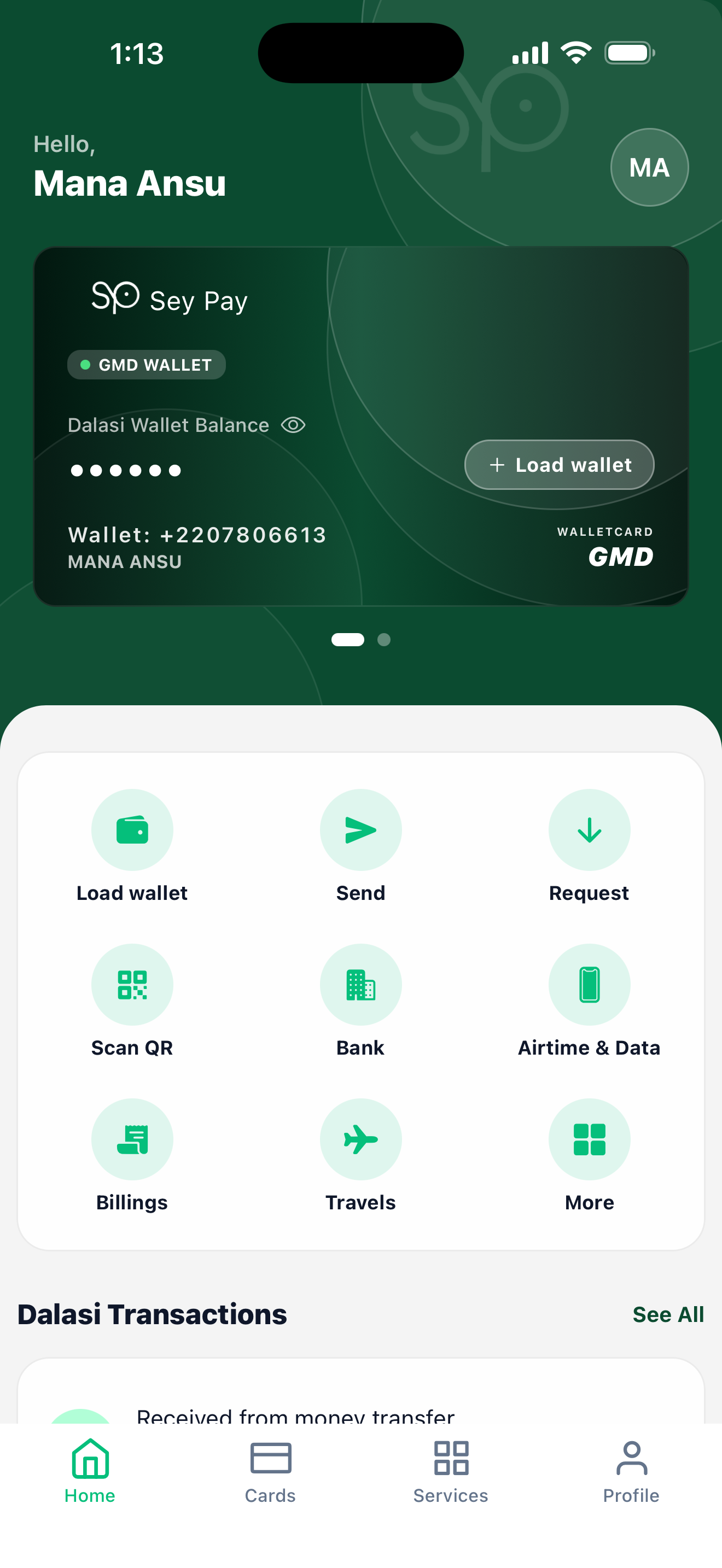 SeyPay app showing balance and security status